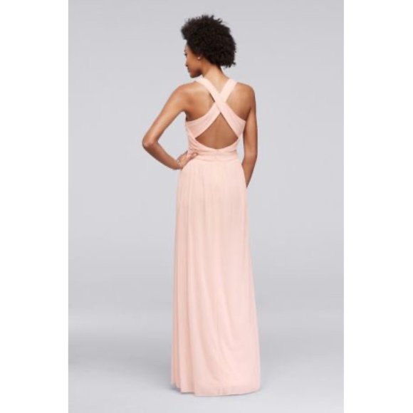 David's Bridal Quartz Long Mesh Criss Cross Back Bridesmaid Dress - Picture 3 of 13